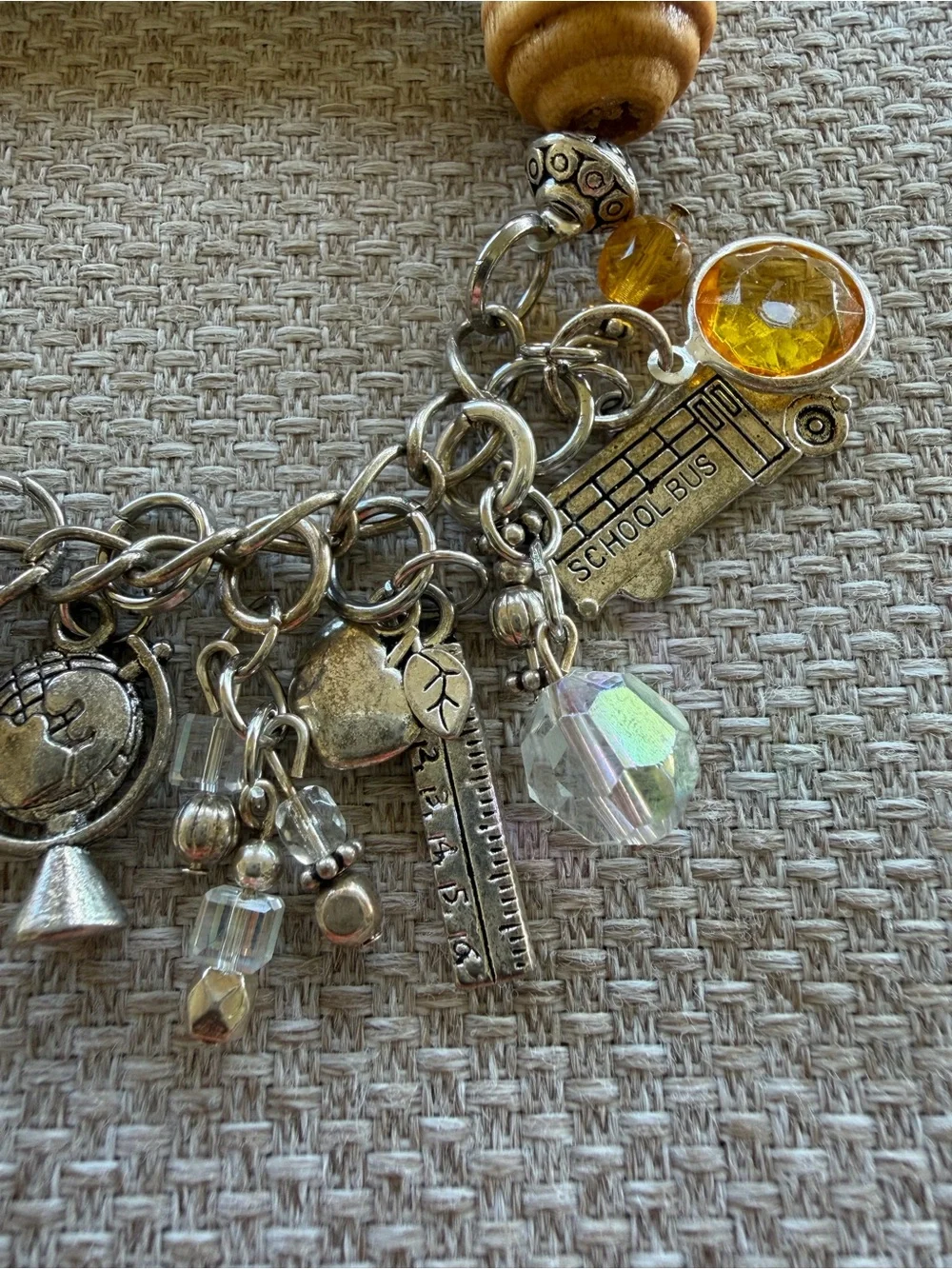 Multi Charm Wooden Beaded Bracelet  Silver Spacers Back To School Themed Charms